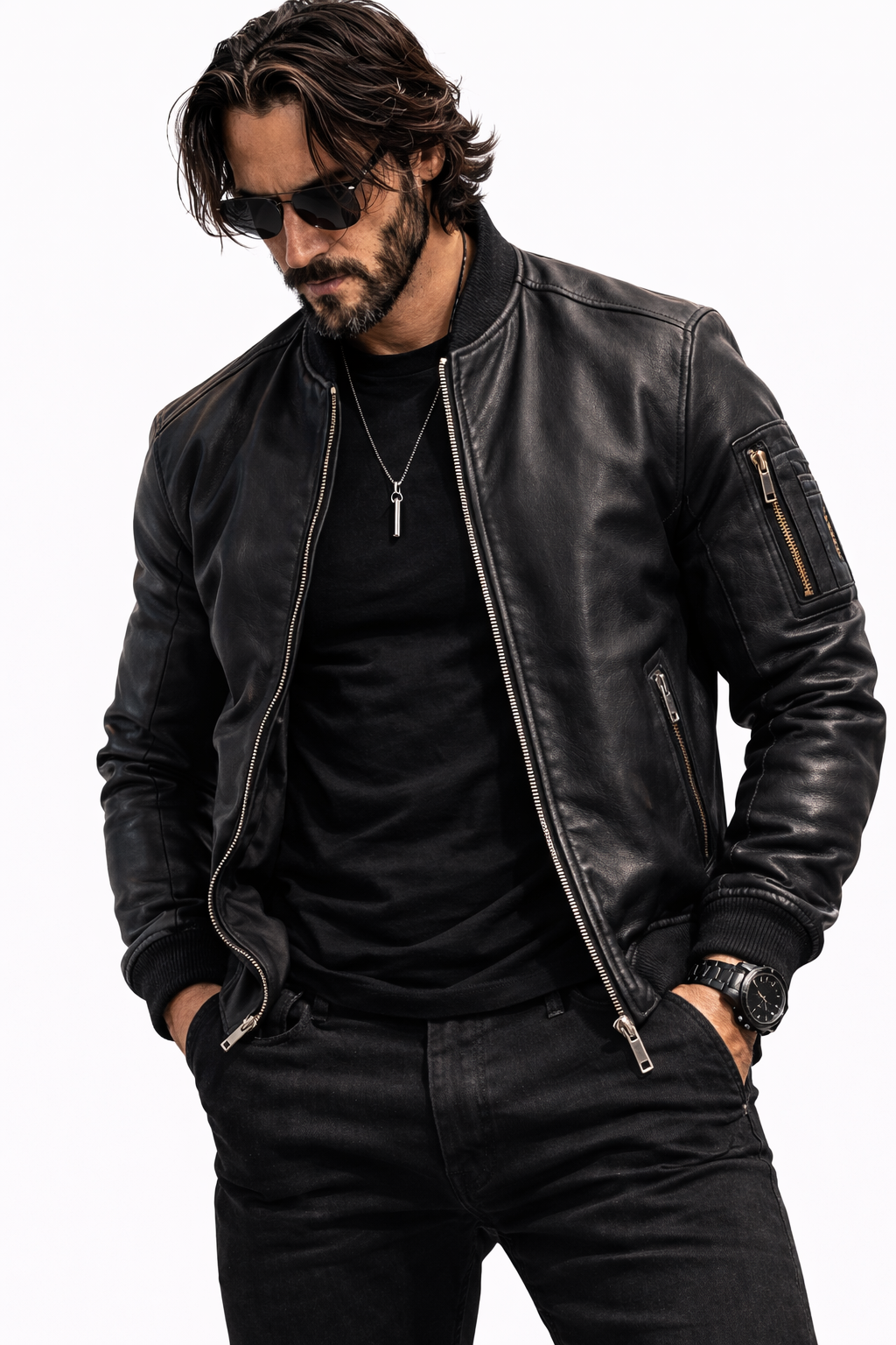 Men’s Premium Black Leather Bomber Jacket – Slim Fit Motorcycle Style Flight Jacket