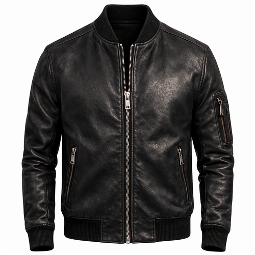 Men’s Premium Black Leather Bomber Jacket – Slim Fit Motorcycle Style Flight Jacket
